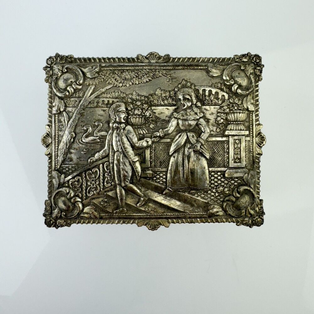 Vintage Victorian Scene Footed Silver Red Velvet Trinket Box Made In Japan